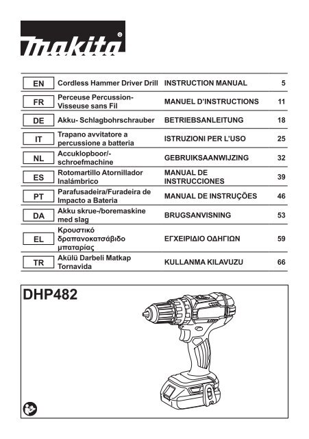 Makita Perceuse visseuse &agrave; percussion 18 V Li-Ion 5 Ah &Oslash; 13 mm (3 batteries) - DHP482RT3J - Notice