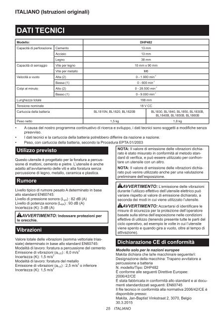 Makita Perceuse visseuse &agrave; percussion 18 V Li-Ion 5 Ah &Oslash; 13 mm (3 batteries) - DHP482RT3J - Notice