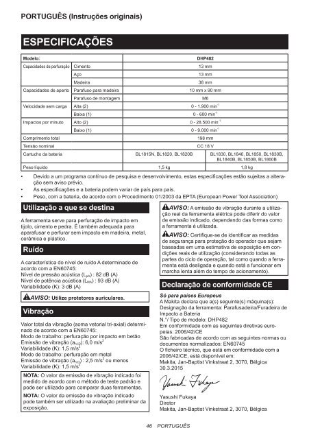 Makita Perceuse visseuse &agrave; percussion 18 V Li-Ion 5 Ah &Oslash; 13 mm (3 batteries) - DHP482RT3J - Notice