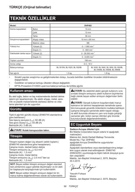 Makita Perceuse visseuse &agrave; percussion 18 V Li-Ion 5 Ah &Oslash; 13 mm (3 batteries) - DHP482RT3J - Notice