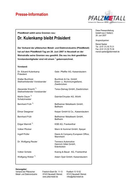 Presse-Information Dr. Kulenkamp bleibt Präsident - Pfalzmetall