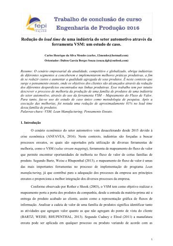 Redução do lead time de uma indústria do setor automotivo através da ferramenta VSM: um estudo de caso