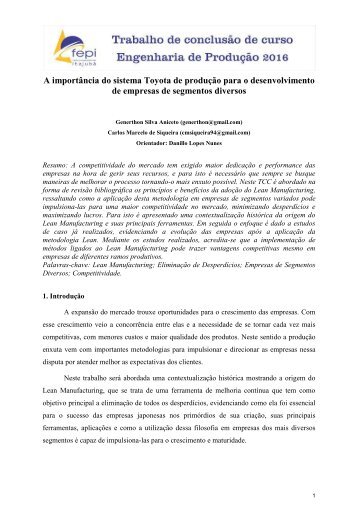 A importância do sistema Toyota de produção para o desenvolvimento de empresas de segmentos diversos