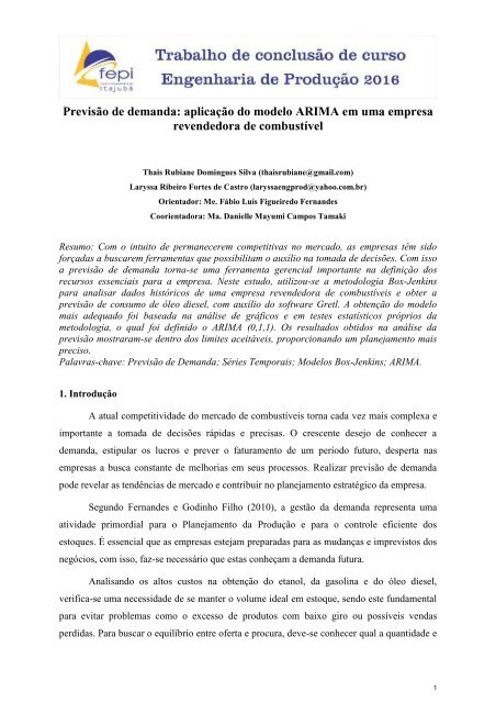 Previsão de demanda: aplicação do modelo ARIMA em uma empresa revendedora de combustível