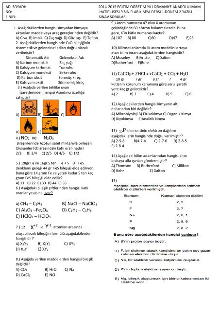 9.Sınıf Kimya  1.Dönem 2014-2015 Yılı Yazılı Soruları