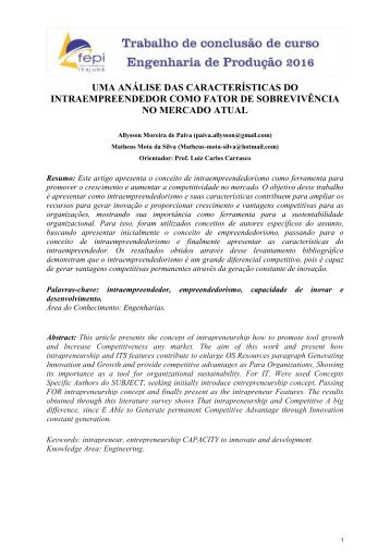 UMA ANÁLISE DAS CARACTERÍSTICAS DO INTRAEMPREENDEDOR COMO FATOR DE SOBREVIVÊNCIA NO MERCADO ATUAL