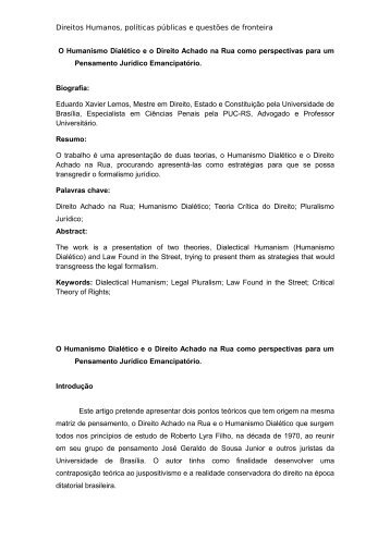 O Humanismo Dialético e o Direito Achado na Rua como perspectivas para um Pensamento Jurídico Emancipatório