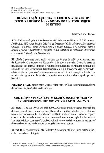 REIVINDICAÇÃO COLETIVA DE DIREITOS, MOVIMENTOS SOCIAIS E REPRESSÃO: AS GREVES DO ABC COMO OBJETO DE ESTUDO