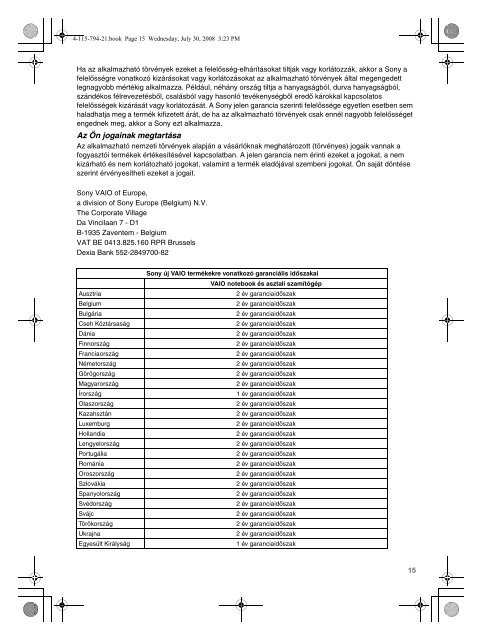 Sony VGN-TT1 - VGN-TT1 Documents de garantie Hongrois