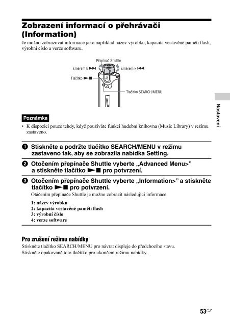 Sony NW-A608 - NW-A608 Consignes d&rsquo;utilisation Tch&egrave;que