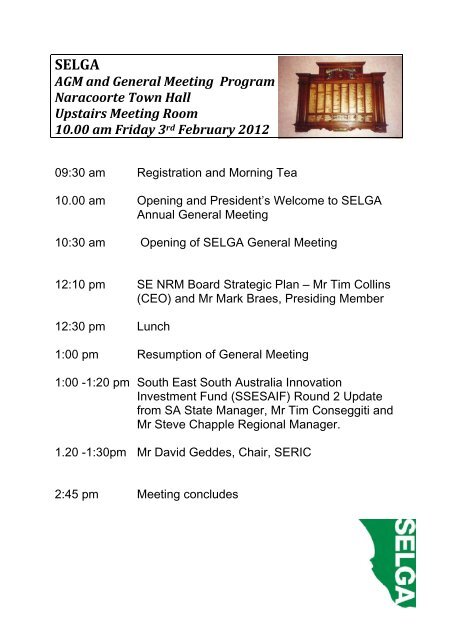 SELGA AGM and General Meeting Program Naracoorte Town Hall ...