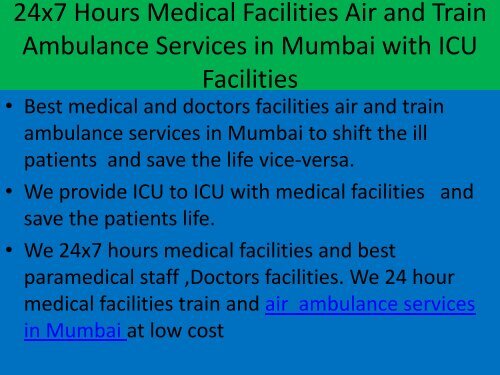Medical Facilities Air and Train Ambulance Services from Bhopal to Mumbai