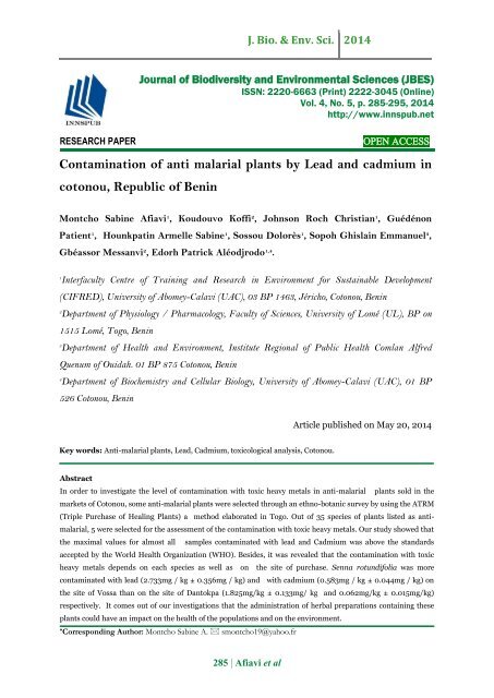 Contamination of anti malarial plants by Lead and cadmium in cotonou, Republic of Benin