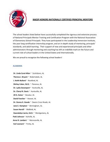 naesp honors nationally certified principal mentors - National ...