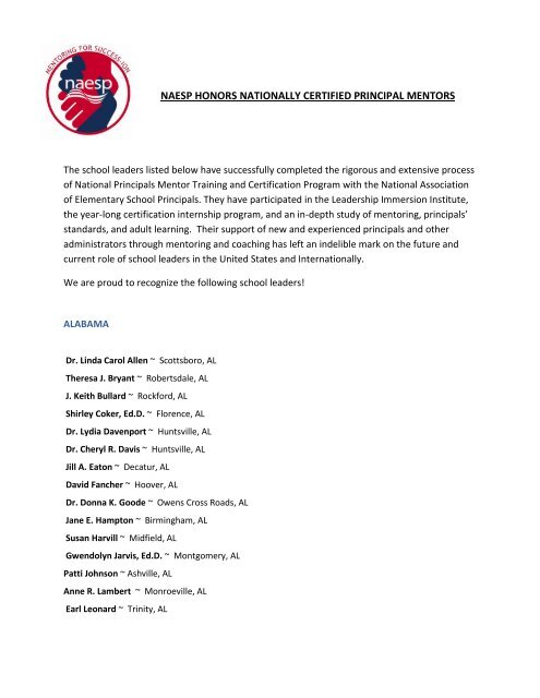 naesp honors nationally certified principal mentors - National ...