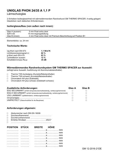 UNIGLAS PHON Lärmschutzglas, 2-fach Isolierglas, Deutschland - Ausschreibungstexte