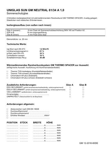 UNIGLAS SUN Sonnenschutzglas, 2-fach Isolierglas, Deutschland - Ausschreibungstexte
