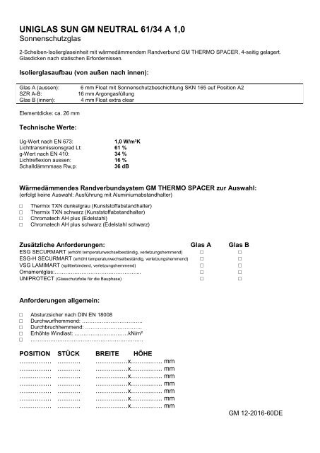 UNIGLAS SUN Sonnenschutzglas, 2-fach Isolierglas, Deutschland - Ausschreibungstexte