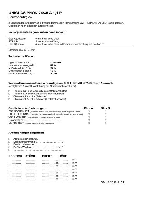 UNIGLAS PHON Lärmschutzglas, 2-fach Isolierglas, Österreich - Ausschreibungstexte