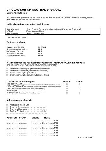 UNIGLAS SUN Sonnenschutzglas, 2-fach Isolierglas, Österreich - Ausschreibungstexte