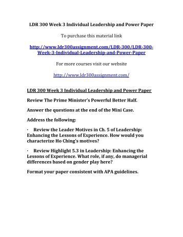 ldr 300 week 1 individual assignment Ldr 300 week 4 assignment formulating leadership part ii your company's vice president of human resources has approached your team for. ldr 300 week 1 individual assignment Ldr 300 week 4 assignment formulating leadership part ii your company's vice president of human resources has approached your team for.