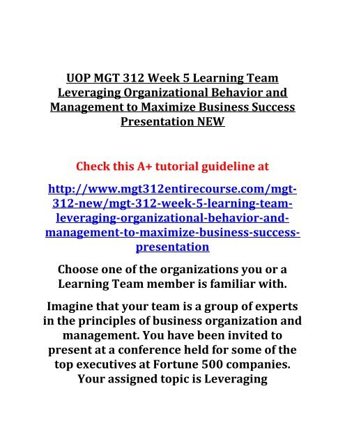 UOP MGT 312 Week 5 Learning Team Leveraging Organizational