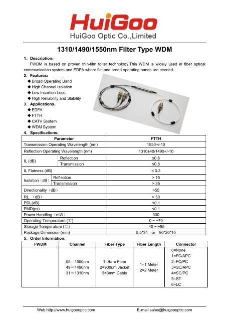 131014901550nm Filter Type WDM