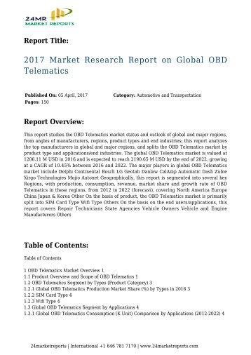 2017 Market Research Report on Global OBD Telematics 