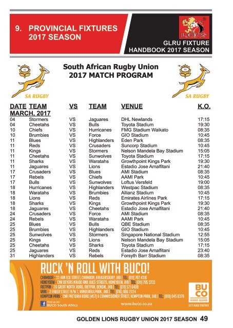 Golden Lions Rugby Union 2017 Season