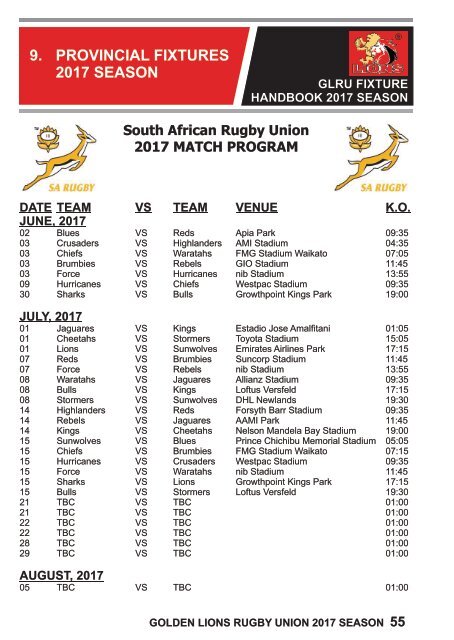 Golden Lions Rugby Union 2017 Season