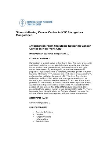 Sloan-Kettering Cancer Center in NYC Recognizes Mangosteen ...