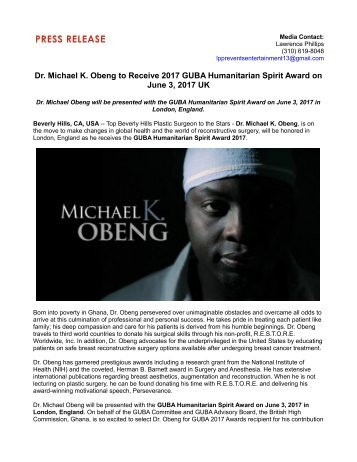 Dr. Michael K. Obeng to Receive 2017 GUBA Humanitarian Spirit Award on June 3, 2017 UK