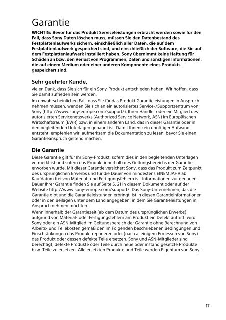 Sony SVT1313Z1R - SVT1313Z1R Documents de garantie Allemand