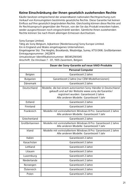 Sony SVT1313Z1R - SVT1313Z1R Documents de garantie Allemand