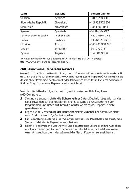 Sony SVT1313Z1R - SVT1313Z1R Documents de garantie Allemand