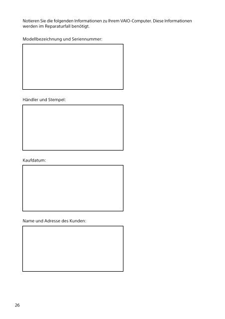 Sony SVT1313Z1R - SVT1313Z1R Documents de garantie Allemand