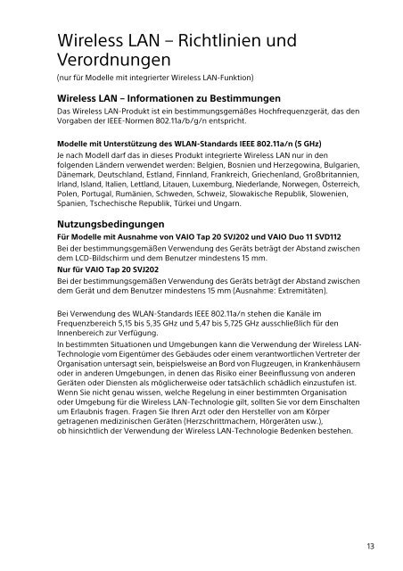 Sony SVT1313Z1R - SVT1313Z1R Documents de garantie Allemand