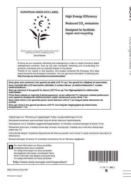 Sony KDL-46W5730 - KDL-46W5730 Consignes d&rsquo;utilisation Norv&eacute;gien