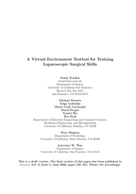 A Virtual Environment Testbed for Training Laparoscopic Surgical ...