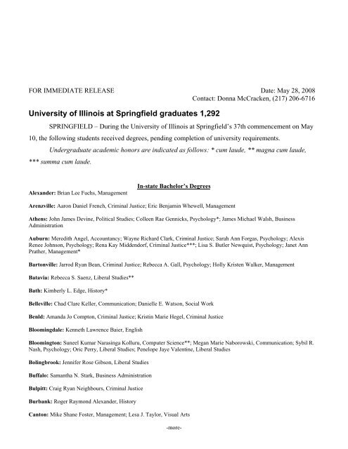 University of Illinois at Springfield graduates 1,292