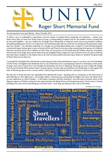 Roger Short Memorial Fund Newsletter 10 - 2017