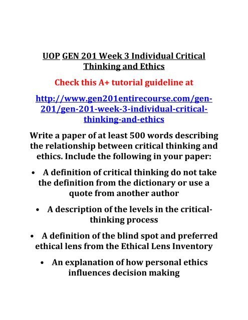 UOP GEN 201 Week 3 Individual Critical Thinking and Ethics