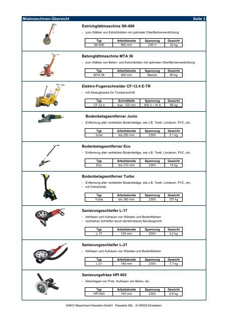 SAKO Mietmaschinen-Übersicht 2012 - sako-gmbh.de