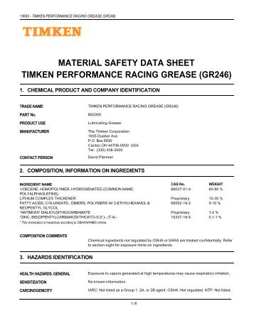 material safety data sheet timken performance racing grease (gr246)