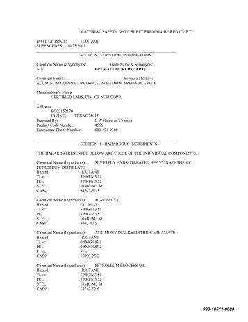 MATERIAL SAFETY DATA SHEET PREMALUBE RED ... - Timken