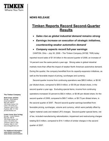 Timken Reports Record Second-Quarter Results