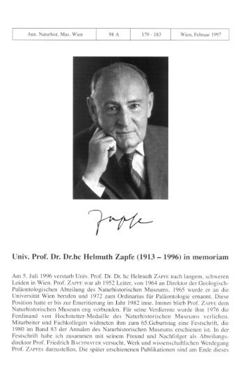 Univ. Prof. Dr. Dr.he Helmuth Zapfe (1913 - 1996) in memoriam