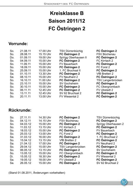 Stadionheft vom 21.08.2011 - FC 1922 Östringen eV