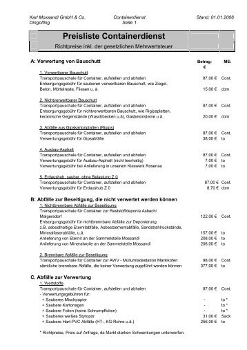 Preisliste Containerdienst - Karl Mossandl GmbH & Co.