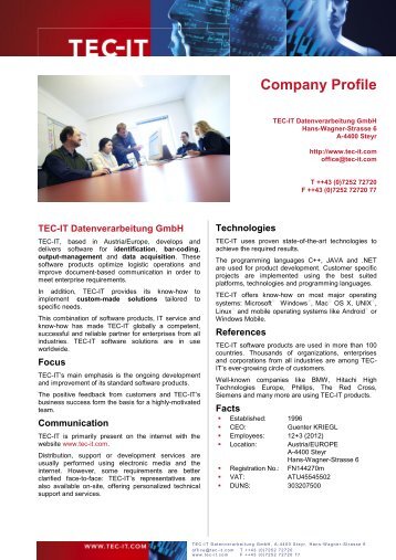 Company Profile - TEC-IT Datenverarbeitung GmbH - www.tec-it.com